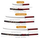 Real Katana Japanese Samurai Sword 3-Piece Set,Handmade Heat Tempered Full Tang 1060 High Carbon Steel red