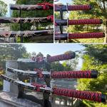 Real Katana Japanese Samurai Sword 3-Piece Set,Handmade Heat Tempered Full Tang 1060 High Carbon Steel red