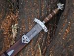 37-Inch Damascus Steel Viking Sword with wooden Scabbard | Full Tang Norse Style Blade | Handmade Medieval Collectible Sword (Brown)