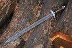 37-Inch Damascus Steel Viking Sword with wooden Scabbard | Full Tang Norse Style Blade | Handmade Medieval Collectible Sword (Brown)