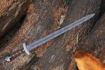 37-Inch Damascus Steel Viking Sword with wooden Scabbard | Full Tang Norse Style Blade | Handmade Medieval Collectible Sword (Brown)