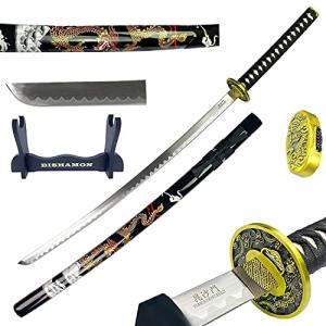 Bishamon 42.5" Samurai Sword with Carbon Steel Blade and Dragon Design Scabbard – Includes Wooden Display Stand – Decorative Collectible Katana (Black)