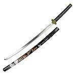Bishamon 42.5" Samurai Sword with Carbon Steel Blade and Dragon Design Scabbard – Includes Wooden Display Stand – Decorative Collectible Katana (Black)