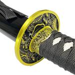 Bishamon 42.5" Samurai Sword with Carbon Steel Blade and Dragon Design Scabbard – Includes Wooden Display Stand – Decorative Collectible Katana (Black)