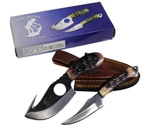 Bone Collector Hunting Knife Two Piece Set, 7" Straight Edge and 7" Gut Hook Blades Yellow Bone Full Tang Skinner (Bone)