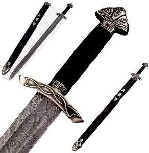 Qepaa Crafts®Handmade Damascus Steel Real Viking Style Sword | Full Tang Blade with Wooden Handle and Scabbard | Collectible Medieval Replica|Gift for him (Black Sword)