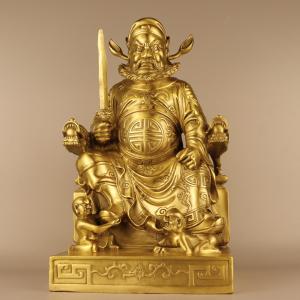 15"Tibetan Temple Collection Old Brass Zhong Kui catches Ghosts statue holding Sword  sit Dragon Chair Worship Hall Town house
