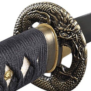 Handmade Sword - Japanese Samurai Katana Swords, Functional, Hand Forged, 1045 Carbon Steel, Clay Tempered, Damascus, Full Tang, Sharp, Dragon Tsuba, Black Wooden Scabbard, Sword Certificate