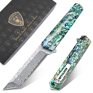 AUBEY Damascus Pocket Knife with Clip, Sharp Tanto Blade with VG10 Core Folding Knife with Abalone Shell Handle and Glass Breaker, EDC Camping Knife for Gift Survival Collection