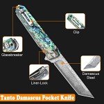 AUBEY Damascus Pocket Knife with Clip, Sharp Tanto Blade with VG10 Core Folding Knife with Abalone Shell Handle and Glass Breaker, EDC Camping Knife for Gift Survival Collection