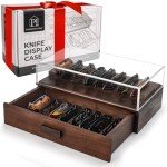 Pocket Knife Display Case for 16 Knives - Wooden Knife Collection Case Clear Cover - Two-Tier Knife Cases for Collections with a Removable Drawer Insert for Other EDC Items, EDC Case - Brown