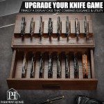 Pocket Knife Display Case for 16 Knives - Wooden Knife Collection Case Clear Cover - Two-Tier Knife Cases for Collections with a Removable Drawer Insert for Other EDC Items, EDC Case - Brown