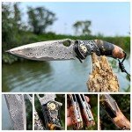 Minowe handmade Japan Damascus steel pocket knife，3.1" VG10 blade men and women Folding knife，With holster，Lining lock，resin and Maple handle，Suitable for EDC outdoor camping，go fishing hunting