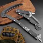 VALHALLA Folding Sickle, Black Sharp Folding Scythe with 2 Sections, Hand Sickle Knife Wooden Handle, Portable Safety Folding Sickle Knife with Sheath