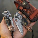 Minowe handmade Japan Damascus steel pocket knife，3.1" VG10 blade men and women Folding knife，With holster，Lining lock，resin and Maple handle，Suitable for EDC outdoor camping，go fishing hunting