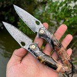 Minowe handmade Japan Damascus steel pocket knife，3.1" VG10 blade men and women Folding knife，With holster，Lining lock，resin and Maple handle，Suitable for EDC outdoor camping，go fishing hunting