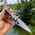 Minowe handmade Japan Damascus steel pocket knife，3.1" VG10 blade men and women Folding knife，With holster，Lining lock，resin and Maple handle，Suitable for EDC outdoor camping，go fishing hunting