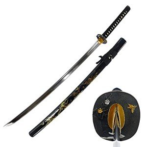 MAKOTO Hand Forged Razor Sharp 41" Black Samurai Katana Sword - Hand Painted Golden Cranes on Scabbard