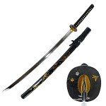 MAKOTO Hand Forged Razor Sharp 41" Black Samurai Katana Sword - Hand Painted Golden Cranes on Scabbard