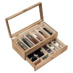 Yoimori Knife Display Case for 9-15 Knives, 2-Layer Pocket Knife Case with Glass Lid & Drawer, Wood Knife Cases for Collections for Men Gift Ideas (Brown)