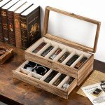 Yoimori Knife Display Case for 9-15 Knives, 2-Layer Pocket Knife Case with Glass Lid & Drawer, Wood Knife Cases for Collections for Men Gift Ideas (Brown)