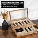 Yoimori Knife Display Case for 9-15 Knives, 2-Layer Pocket Knife Case with Glass Lid & Drawer, Wood Knife Cases for Collections for Men Gift Ideas (Brown)