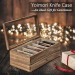 Yoimori Knife Display Case for 9-15 Knives, 2-Layer Pocket Knife Case with Glass Lid & Drawer, Wood Knife Cases for Collections for Men Gift Ideas (Brown)