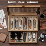 Yoimori Knife Display Case for 9-15 Knives, 2-Layer Pocket Knife Case with Glass Lid & Drawer, Wood Knife Cases for Collections for Men Gift Ideas (Brown)
