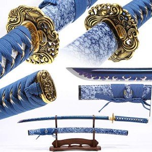 Eroton-Handmade Samurai Katana Sword Real,Full Tang Heat Tempered 1045/1060 High Carbon Steel Sharp Functional,41 Inches for Room Decoration Gift Cosplay Blue……
