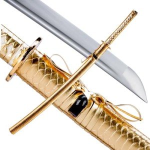 OKSs Katana Sword Real Rayskin Hardwood Saya Handmade Japanese Samurai High Carbon Steel Sword Can Chop Bamboo, Gold White