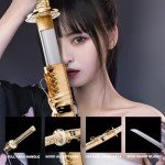 OKSs Katana Sword Real Rayskin Hardwood Saya Handmade Japanese Samurai High Carbon Steel Sword Can Chop Bamboo, Gold White