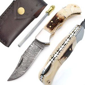 Lara Eagle Damascus Pocket Knife for Men - 133 Layer Solid Steel Handmade Folding Hunting Knives with Sharpner and Leather Pouch - Best Knife for Camping Hunting Hiking - Father’s Day Gifts for Men Husband Dad (Staghorn, Camel Bone)