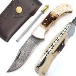 Lara Eagle Damascus Pocket Knife for Men - 133 Layer Solid Steel Handmade Folding Hunting Knives with Sharpner and Leather Pouch - Best Knife for Camping Hunting Hiking - Father’s Day Gifts for Men Husband Dad (Staghorn, Camel Bone)