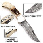 Lara Eagle Damascus Pocket Knife for Men - 133 Layer Solid Steel Handmade Folding Hunting Knives with Sharpner and Leather Pouch - Best Knife for Camping Hunting Hiking - Father’s Day Gifts for Men Husband Dad (Staghorn, Camel Bone)
