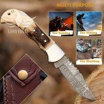 Lara Eagle Damascus Pocket Knife for Men - 133 Layer Solid Steel Handmade Folding Hunting Knives with Sharpner and Leather Pouch - Best Knife for Camping Hunting Hiking - Father’s Day Gifts for Men Husband Dad (Staghorn, Camel Bone)