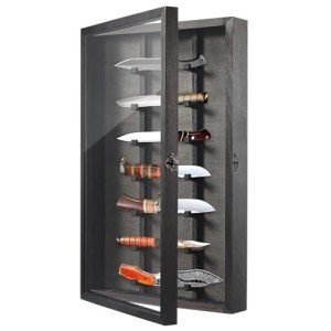 Triceratops Knife Display Case with Lockable Clear Acrylic Door, Wall Mount Wooden Knife Display Stand, Pocket Knife Display Cases for Storage, Collection, Holds up to 7 Knifes (Black)