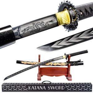 Karwna Real Black Katana Sword Sharp - Japanese Samurai Swords are a Unique Gift for Men - Sword Real Steel with Metal Blade Makes a Memorable for Martial Arts Enthusiasts or Sword Collectors