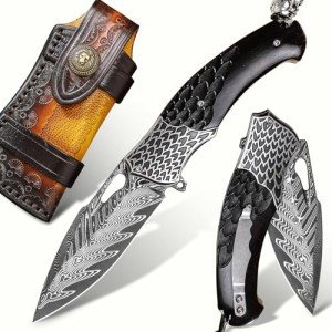 Quality pocket knives for men and women，Damascus Steel Pocket Folding Knife，With leather sheath, Ebony Handle，Engraved feather pattern，Outdoor camping, EDC carrying adventure, Hiking trip, gift