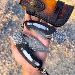 Quality pocket knives for men and women，Damascus Steel Pocket Folding Knife，With leather sheath, Ebony Handle，Engraved feather pattern，Outdoor camping, EDC carrying adventure, Hiking trip, gift