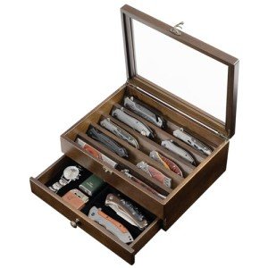 amoard Knife Display Case, Knife Collection Display Holder with Glass Lid, 2-Layer Wooden Pocket Knife Case with Drawers