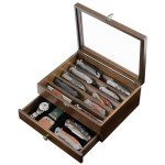amoard Knife Display Case, Knife Collection Display Holder with Glass Lid, 2-Layer Wooden Pocket Knife Case with Drawers