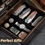 amoard Knife Display Case, Knife Collection Display Holder with Glass Lid, 2-Layer Wooden Pocket Knife Case with Drawers