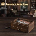 amoard Knife Display Case, Knife Collection Display Holder with Glass Lid, 2-Layer Wooden Pocket Knife Case with Drawers