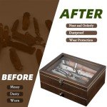 amoard Knife Display Case, Knife Collection Display Holder with Glass Lid, 2-Layer Wooden Pocket Knife Case with Drawers