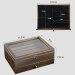 amoard Knife Display Case, Knife Collection Display Holder with Glass Lid, 2-Layer Wooden Pocket Knife Case with Drawers