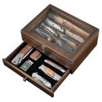 amoard Knife Display Case, Knife Collection Display Holder with Glass Lid, 2-Layer Wooden Pocket Knife Case with Drawers