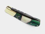 Damascus SZCO Handmade 4" Folding Knife – Green Wood & Bone Handle, Brass Bolster & Lockback Pocket Knife with Filework – EDC Hunting & Collector’s Knife