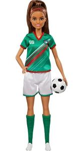 Barbie Careers Fashion Doll & Accessory, Soccer Player with Brunette Ponytail, #16 Uniform, Tall Socks, Cleats & Ball
