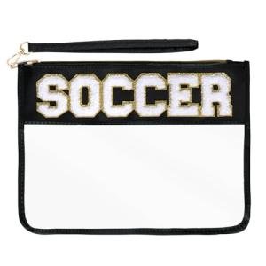 Hmxpls Chenille Letter Bag, Clear Nylon Cosmetic Makeup Bag with Zipper, Varsity Preppy Patch Flat Travel Pouch for Women Girls Gift (Black-SOCCER)