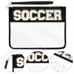 Hmxpls Chenille Letter Bag, Clear Nylon Cosmetic Makeup Bag with Zipper, Varsity Preppy Patch Flat Travel Pouch for Women Girls Gift (Black-SOCCER)